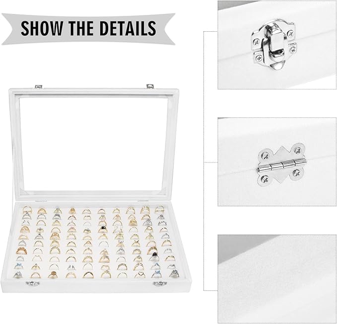Velvet Ring Display Tray Organizer Box with Transparent Lid, 100 Slot Ring Holder Showcase For Store Display Jewelry Show Home, Ring Organizer For Rings Earrings (Ivory)