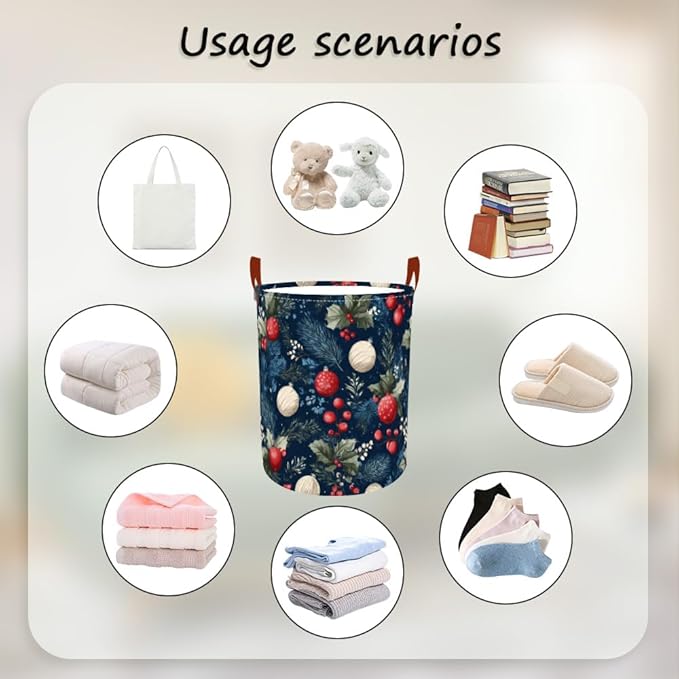 Laundry Hamper Winter Botanical Pattern Oxford Fabric Basket for Bedroom Bathroom Clothes Storage Foldable Laundry Container 15.7x19.7 Inch