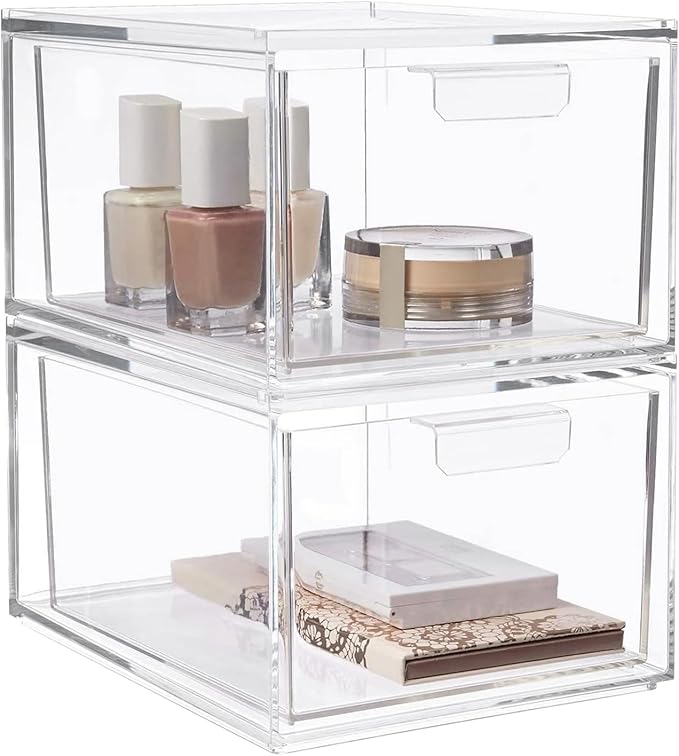 Clear Stackable Storage Drawers,2 Pack Acrylic Drawers Desk Organizers Makeup Organizer for Vanity, Bathroom,Cabinet,Desk Organization