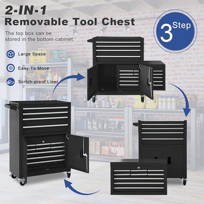 Tool Chest 13-Drawer with Double Door Handle,2 in 1 Detachable Rolling Tool Chests with Wheels and Drawers,Large Tool Box with Lock for Warehouse,Garage (Black)