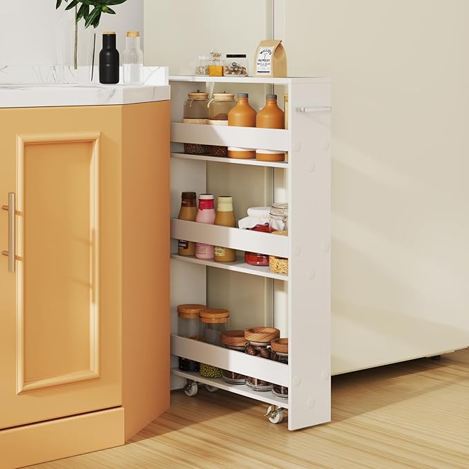 Slim Rolling Storage Cart, 4 Tier Narrow Kitchen Cart with Wheels, Between Washer and Dryer Cart, Wood Shelving Unit Organizer w/Handle for Small Spaces (White, 5-Inch)
