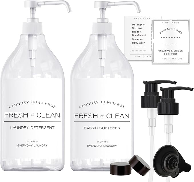 1/2 Gallon Laundry Detergent Dispenser Bottle - Refillable Fabric Softener Clear Pump Bottle - Liquid Soap Dispenser for Laundry Room Organization, BPA Free & PET Plastic - Pack of 2