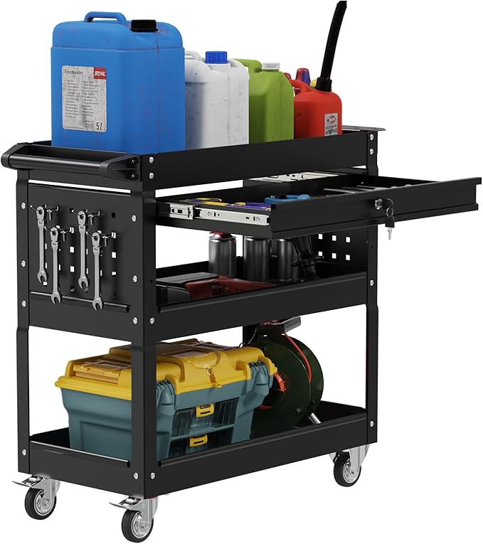 3 Tier Heavy Duty Tool Cart, Mechanic Metal Rolling Tool Cart 900 Lbs Work Cart with Locked Drawers & Pegboard for Garage Workshop