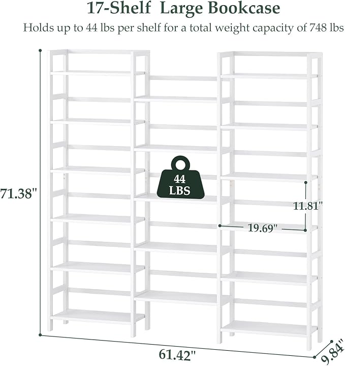 Homykic Bamboo Triple Wide Bookshelves and Bookcases, 6-Tier Shallow Open Bookcase with 17 Display Shelves, 6ft Super Large Freestanding Book Shelf for Home Office, Bedroom, Living Room, Pure White