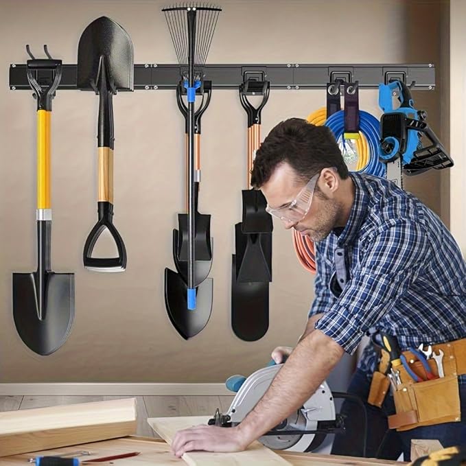 48" Industrial-Grade Wall-Mounted Garage Tool Organizer Heavy-Duty Steel Frame with Capacity Adjustable Swivel Hooks with Dual Shovel Holders for Yard Tools, Trimmers, Ladders& Garage Storage