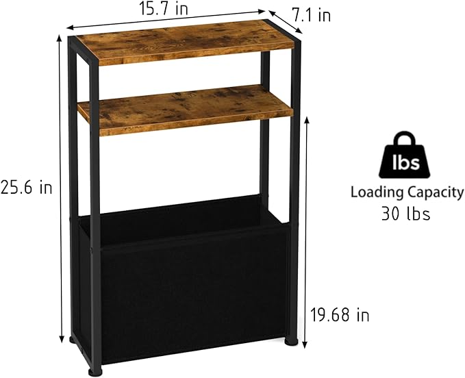 Narrow Side Table, Slim End Tables with Fabric Basket, Skinny Table for Small Spaces, Thin Bedside Table for Living Room, Bedroom