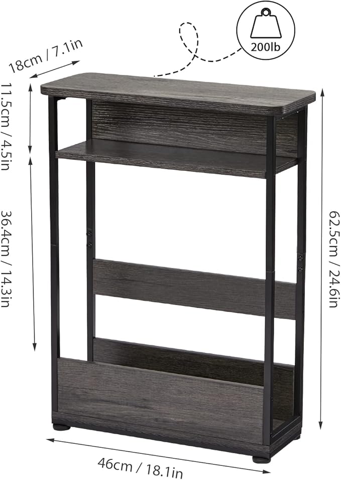 Vintage Narrow Side Table with Storage Shelf, 3 Tier Slim End Table Modern Sofa Table for Narrow and Small Spaces, 24.6 Inch Height Bedside Table Nightstand (Grey, Large)
