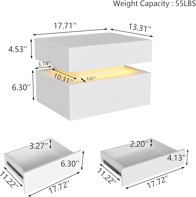 Floating Nightstand Set of 2,Modern Bedside Tables with LED Light for Bedroom,Small Night Stands with Drawers, Wall Mounted End SideTables Set for Living Room