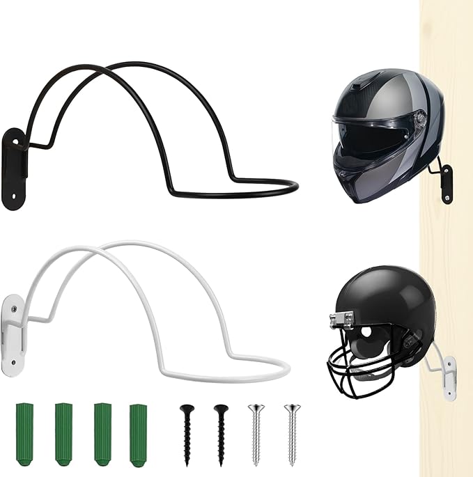 2 Pcs Helmet Rack Hanger Wall Mount Display, Helmet Holder Hooks Wall Mount for Equestrian Motorcycle Hat - White & Black