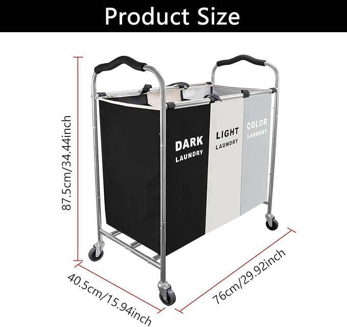 Laundry Sorter 3 Section, 240L Large Laundry Cart with Wheels 3 Hamper Laundry Sorter with Steel Frame and Removable Bag for Dirty Clothes in Laundry Room Bedroom
