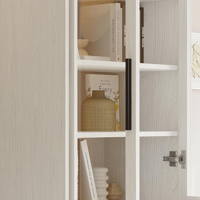 TUSY 70.9“ H Bookcase with Doors, 6-Tier Bookshelf with Open Shelf, Display Curio Cabinet with Glass Door, Narrow Display Bookcase for Home, Office, Clinic, Pantry (White)