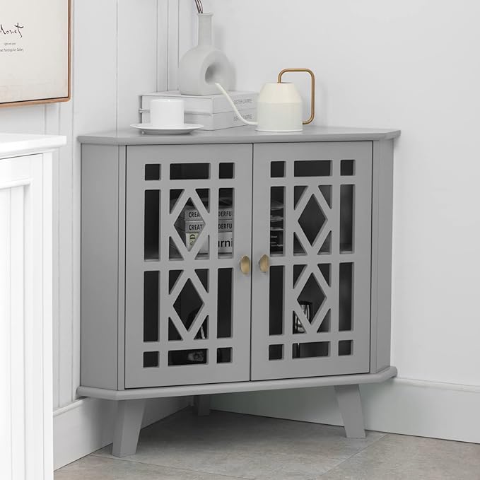 Scurrty 32'' Corner Shelf Stand, Small Corner Table Sideboard Cabinet with 2 Doors and 2-Tier Shelves, Free-Standing Corner Storage Organizer for Living Room, Dining Room & Bathroom (Grey)