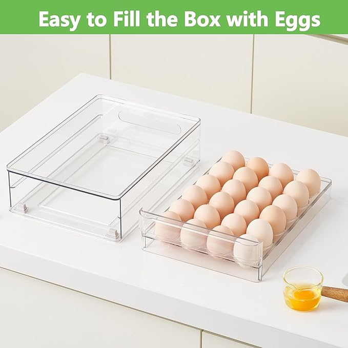 vacane 24 Capacity Egg Holder for Refrigerator Organizer Bins, Clear Egg Storage Container for Fridge Egg Drawer Egg Tray with Non-Slip Pads, Bpa Free Egg Organizer-2 Pack