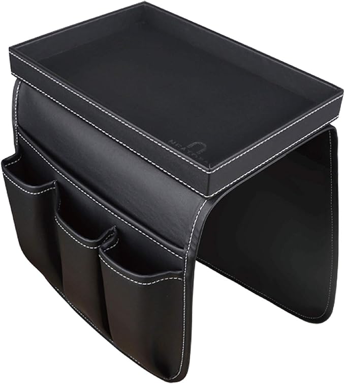 Couch Remote Caddy Control Holder Sofa Organizer with Detachable Wooden Snack Tray for Recliner Mattresses Chair Armrests with 4 Slots - 1 Large Pockets and 3 Small Pockets (Black)
