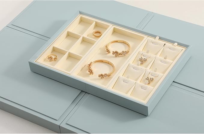 Dark Blue Jewelry Display Tray Ring Necklace Earring Bangle Organizer Multifunctional Storage Case for Jewelry Showcase (Long 8 Grids Pendant Tray(beige))