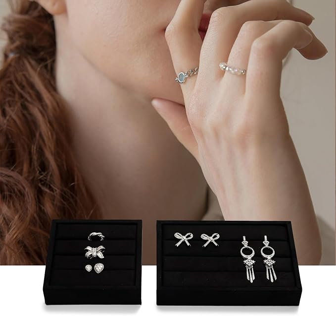 Oirlv 3 Slots Velvet Small Ring Organizer Earrings Trays Showcase Display Storage Insert Holder for Jewelry Box, Drawer, Dresser(Black,M)