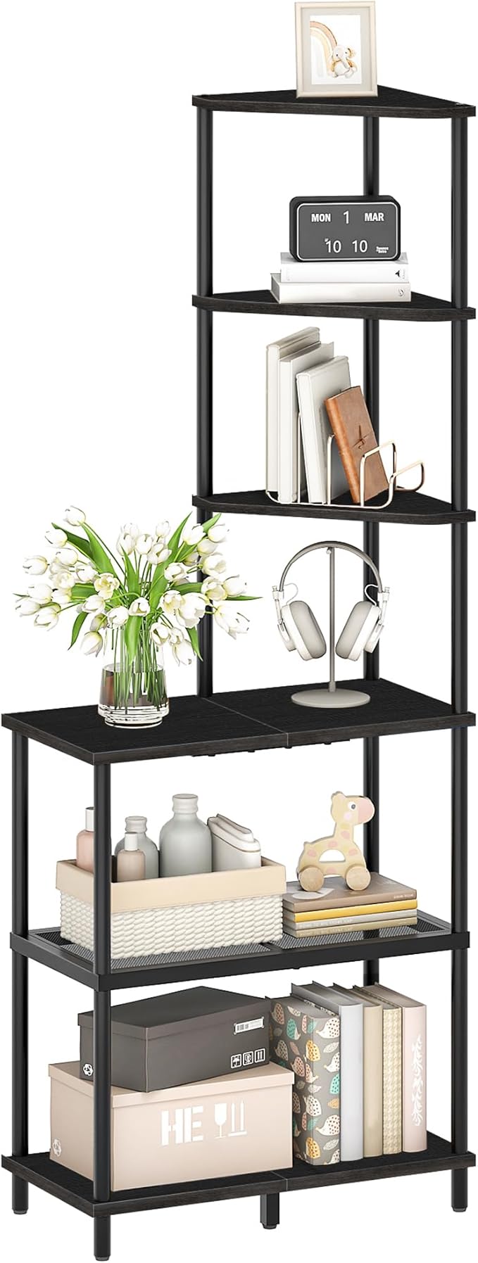 6-Tier Corner Shelf, Industrial Corner Bookshelf with Desk Top, Diamond-Shaped Storage Shelves, Display Stand for Small Spaces, Living Room, Home Office, Foyer, Black TCJ70BB