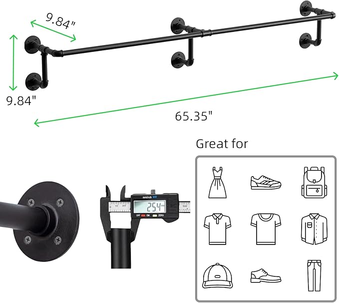 Wall Clothes Rack, Industrial Pipe Clothing Rack for Hanging Clothes, Wall Mounted Heavy Duty Space Saving Garment Racks, Multi-Purpose Clothing Hanging Rods for Closet Storage, Black