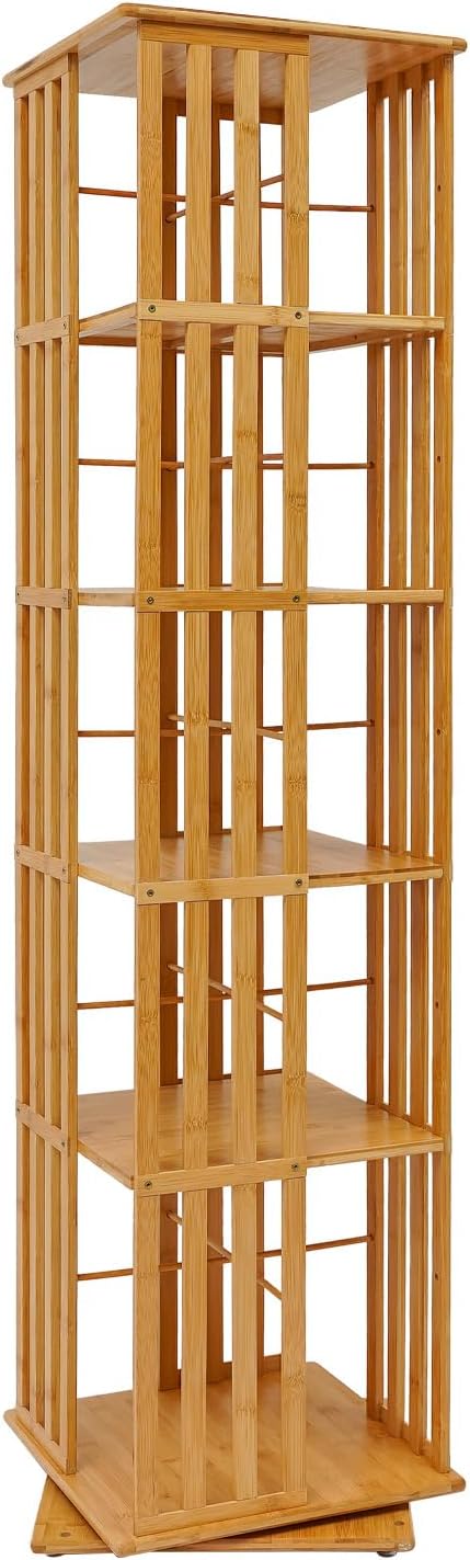 Rotating Bookshelf 5-Tier, 14.57x14.57x59.06in Floor Standing Book Storage Display Rack, Multi-Tiered Organizer for Books, Wood Color Rotatable Bookshelf for Study Rooms, Bedrooms, Living Rooms