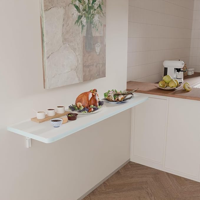 IAE Wall Mounted Folding Table with Pine Wood,55" x 16" Floating Wall Desk,Laundry Folding Table with Shelf Brackets,Fold Down Desk Shelf,Folding Workbench for Home,Dining,Laundry Room,Kitchen,White
