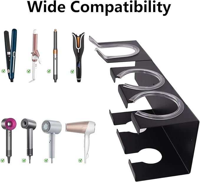 Hot Tools Organizer Wall Mount, Hair Tool Organizer, Hair Dryer Holder Wall Mounted for Blow Dryer, Curling Iron Black Curling Iron Holder 3 in 1 Modern Storage with 3M Adhesive for Bathroom, Vanity