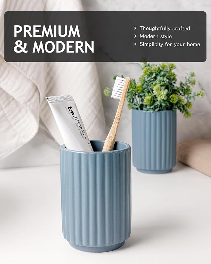 Toothbrush Holder, Tooth Brush Holder for Bathroom - Ceramic Toothbrush Cup Toothbrush Holders Countertop, Stripe Design Makeup Brush Holder Pen Holder, ANTIS'S HOME (Blue)
