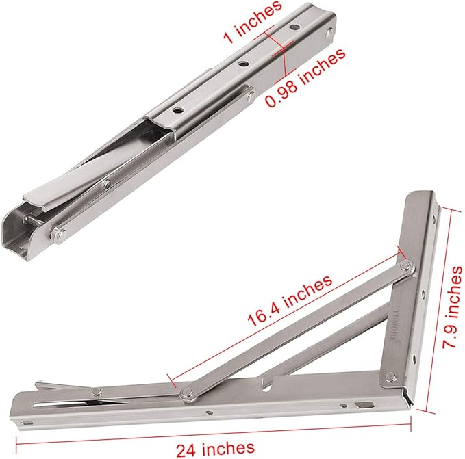 YUMORE 24" Folding Shelf Brackets, Max Load: 330lb Heavy Duty Stainless Steel Collapsible Shelf Bracket for Table Work Bench, Space Saving DIY Bracket, Pack of 2