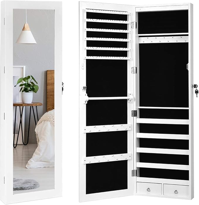 Giantex 15 LEDs Jewelry Armoire, Wall Mounted or Door Hanging, Lockable Jewelry Cabinet with Full Length Mirror, Large Storage Jewelry Organizer Box Armoire for Girls Women (14.5"W x 3.5"D x 47.5"H)