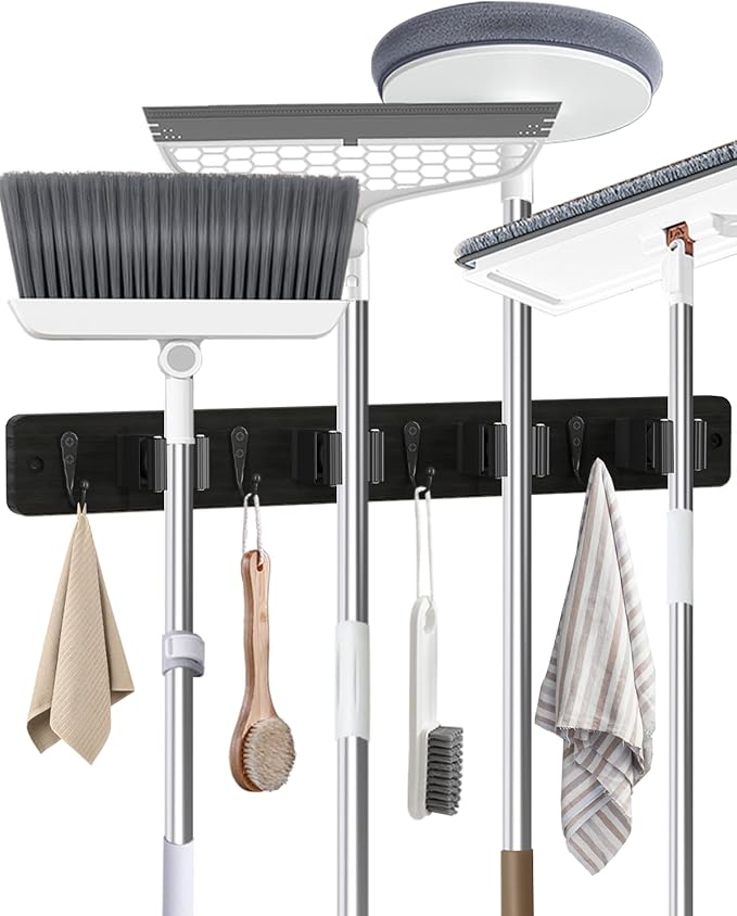 AceMining Broom Holder Wall Mounted, Black 4 Holders and 4 Hooks Mop Holder, Wooden Mop and Broom Holder with Anti slip rubber, Natural pine wood Brush Holder, Mop Wall Holde with Nail installation