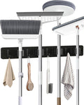 AceMining Broom Holder Wall Mounted, Black 4 Holders and 4 Hooks Mop Holder, Wooden Mop and Broom Holder with Anti slip rubber, Natural pine wood Brush Holder, Mop Wall Holde with Nail installation
