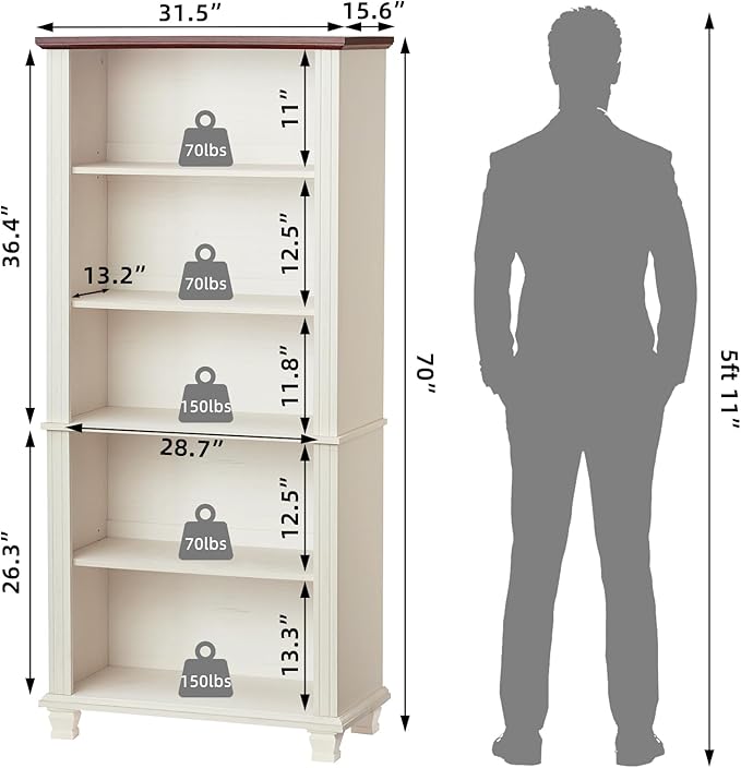 70" Tall White Bookshelf,5 Tier Wood Book Shelf with Adjustable Shelves & Wood Legs,Free Standing Farmhouse Bookcase with Open Display Storage,Vintage Kids Bookshelves for Nursery,2PCS