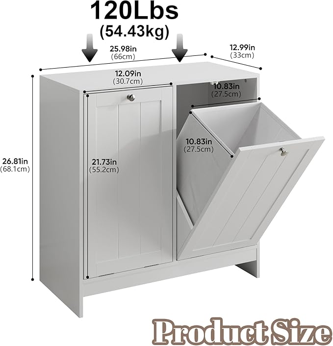 Double Tilt Out Laundry Hamper Cabinet with 2 Baskets, Laundry Cabinet, White, 12.99" D×25.98" W×26.81" H, 2 × 5.9 Gallon
