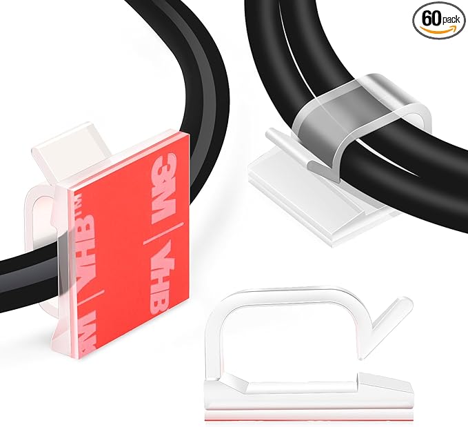 60 PCS XHF 3/4” Adhesive Cable Wire Clips Clear, Outdoor Christmas Light Clips, Cable Staples Cable Management Wire Organizer Cord Holder for Under Desk, Car, Wall, TV PC Ethernet