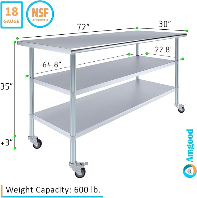 AmGood Stainless Steel Work Table with 2 Shelves and Casters | Metal Utility Table On Wheels (Stainless Steel Work Table with 2 Shelves + Casters, 72" Long x 30" Deep)