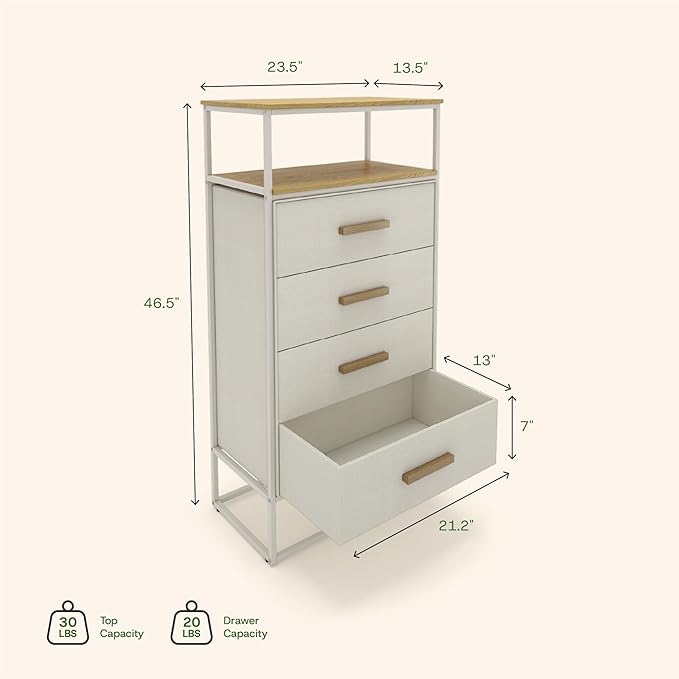 tinge Zana Premium Fabric Dresser - Strong Metal Frame, 4 Spacious Sag-Proof Drawers & Sturdy Wooden Top Shelf - Premium, Sleek & Durable Storage Solution for Your Home (Beige)