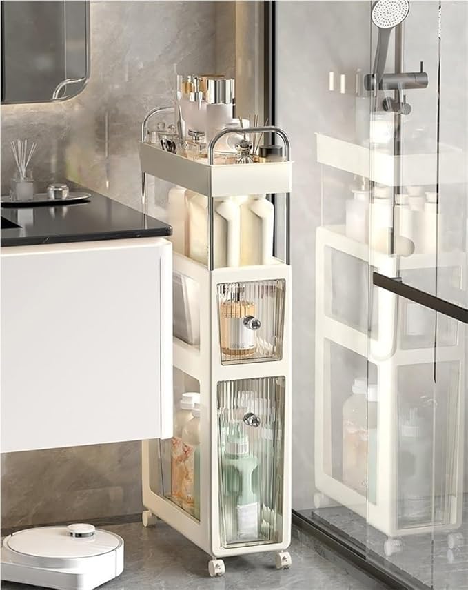 Narrow Bathroom Storage Rack with Drawer Slim Storage Shelf Rolling Cart Organizer for Small Space Laundry Creative idea