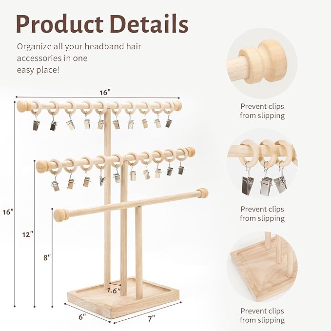 POVETIRE Headband Holder Stand Storage for Baby, 3 Tier Wooden Bow Organizer for Girls Hair Bows, Infant Hair Accessories Rack Display for Nursery Decor