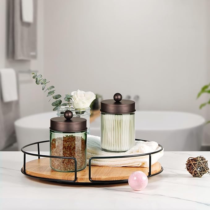 Amolliar Sage Green Apothecary Glass Jar With Metal Lid & Stickers, Bathroom Qtip Holder Storage Canister, Farmhouse Decor for Cotton Balls, Cotton Swabs, Makeup Pads, Bath Salt, Floss, Bronze 4 Pack