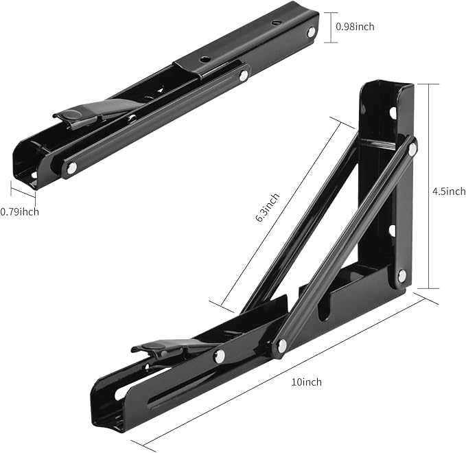 YUMORE Folding Shelf Brackets, 10 Inch Heavy Duty Collapsible Shelf Bracket, Black DIY L Bracket for Workbench Folding Table Hinge, Max Load: 330lb, 2 Pack