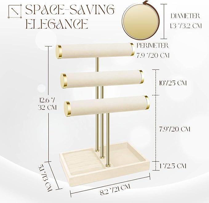 Flexzion 3 Tier Bracelet Holder Display Stand - Beige Velvet Bracelet Holder Organizer with Detachable T Bar - Jewelry Display Stand for Bracelets, Bangles, Necklace, Watches, Rings
