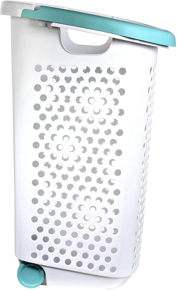 Heavy-Duty Plastic Wheeled Rolling Laundry Basket with Pop-Up Wide Handle, Ventilated Design, Easy to Clean, Spacious 70.52 Liters (2 Bushel), Large Capacity for Families, Dormitories, Laundry Rooms