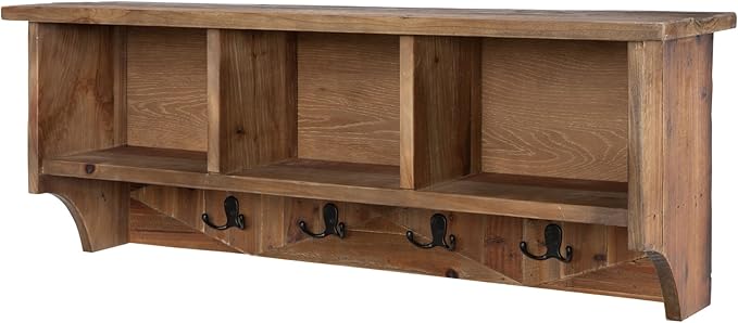 Revive Solid Wood Wall Mounted Coat Rack with 3 Cubbies and 4 Double Hooks – 36" Entryway Wall Shelf Organizer with Easy Installation for Hallway or Mudroom Storage by Alaterre Furniture (Natural)