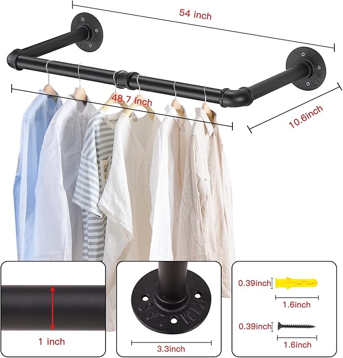 Wall Mounted Clothes Rack - 54"Industrial Pipe Clothing Garment Rack, Space - Saving Heavy Duty Detachable Black Iron Clothes Hanger Pole, Multi-Purpose Hanging Rod for Closet Storage, 2 Base