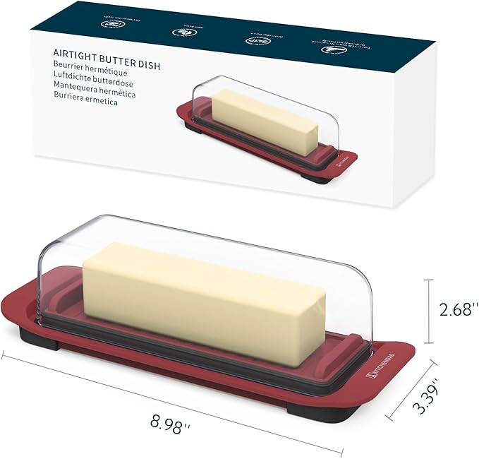 KITCHENDAO Airtight Butter Dish with Lid for Countertop and Refrigerator Door Shelf, Butter Keeper, Plastic Butter Holder Tray Container for West/East Coast Butter, Red