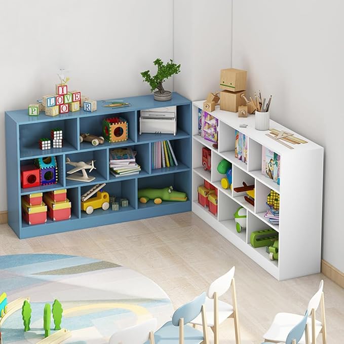IOTXY Open Shelf Low Bookcase - Wooden 3-Tier Floor Standing Display Cabinet Organizer with Base, 7 Cubes Short Horizontal Bookshelf in Pear Yellow
