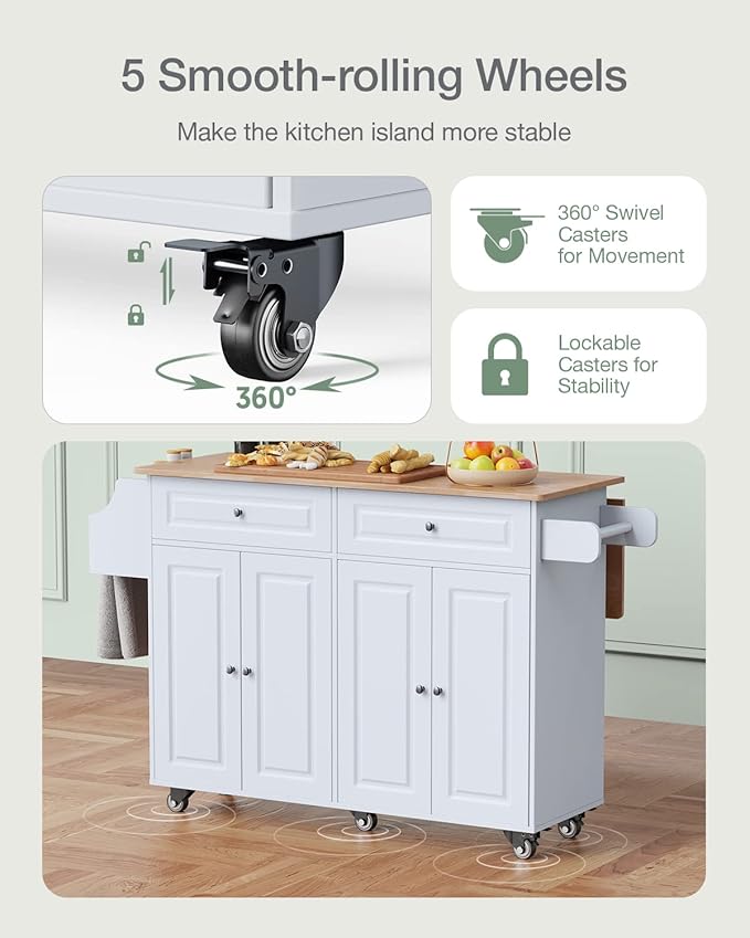 Kitchen Island on Wheels Kitchen Cart with Rubber Wood Top, Mobile Kitchen Island with Double Storage Cabinet and Drawers, Island Table for Kitchen (White)