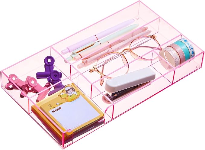 Translucent Pink Acrylic Desk Drawer Organizer 11 x 6.1 x 1.38 Inch Storage Tray Organizer for Pens, Stationery, Desktop, Office, Bathroom, Kitchen, Makeup Supplies (6 Compartments)