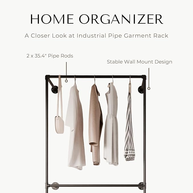 Industrial Pipe Clothing Rack, Heavy Duty Wall Mounted Clothes Rack,Retail Display Hanging Garment Rod for Laundry Room, Closet Storage - 14.6x37.4x82.7 Inches, Model K01