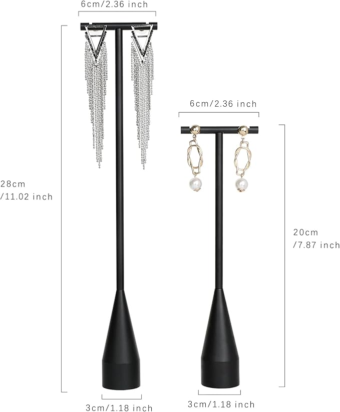 GemeShou 2pcs Black earring display T bar stand, Big jewelry earring holders for Boutique Store, Jewelry holders high enough for long earring necklace【Black-2pcs Height 7.9" and 11"】