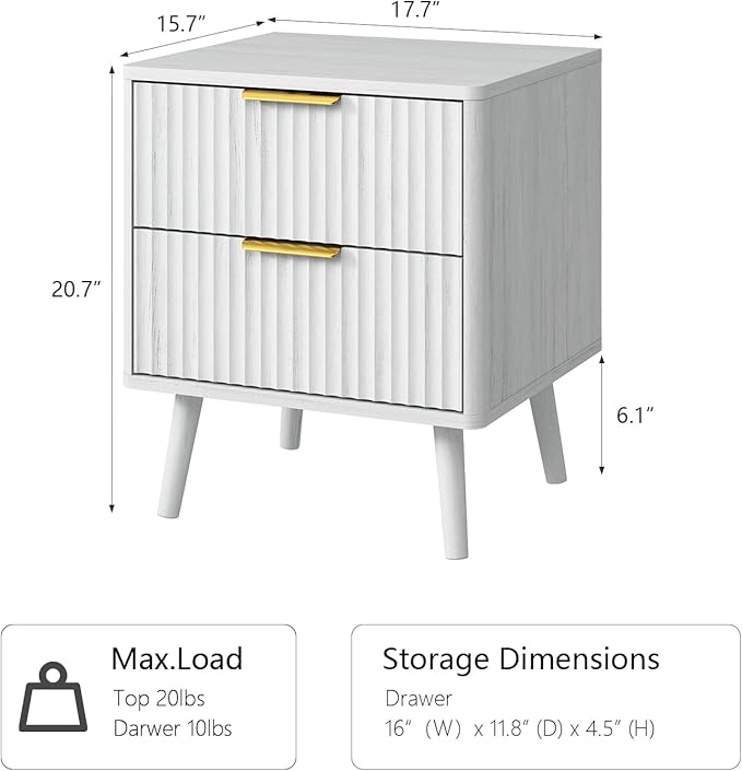 CARPETNAL Fluted Nightstand, White Bedside Table with 2 Drawers and Gold Handles, Wood End Table Mid Century Night Stands for Bedroom Living Room